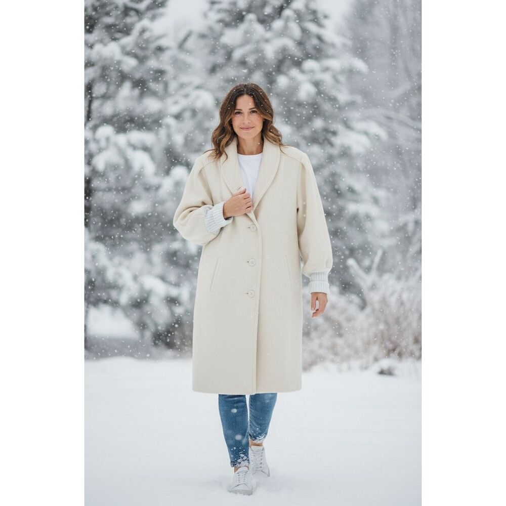 Stephanie Mathews Cream Wool Blend Shawl Collar Coat Vintage XL Made in USA